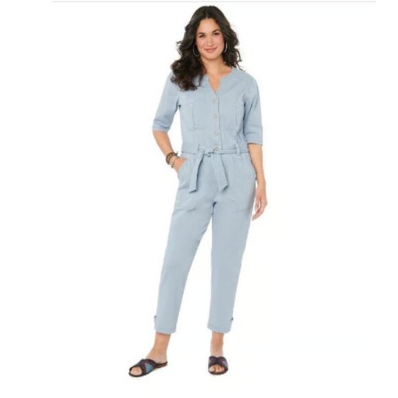 New! Democracy Stretch Twill Utility Belted Jumpsuit, Light Blue 2X NEW! - Picture 1 of 16